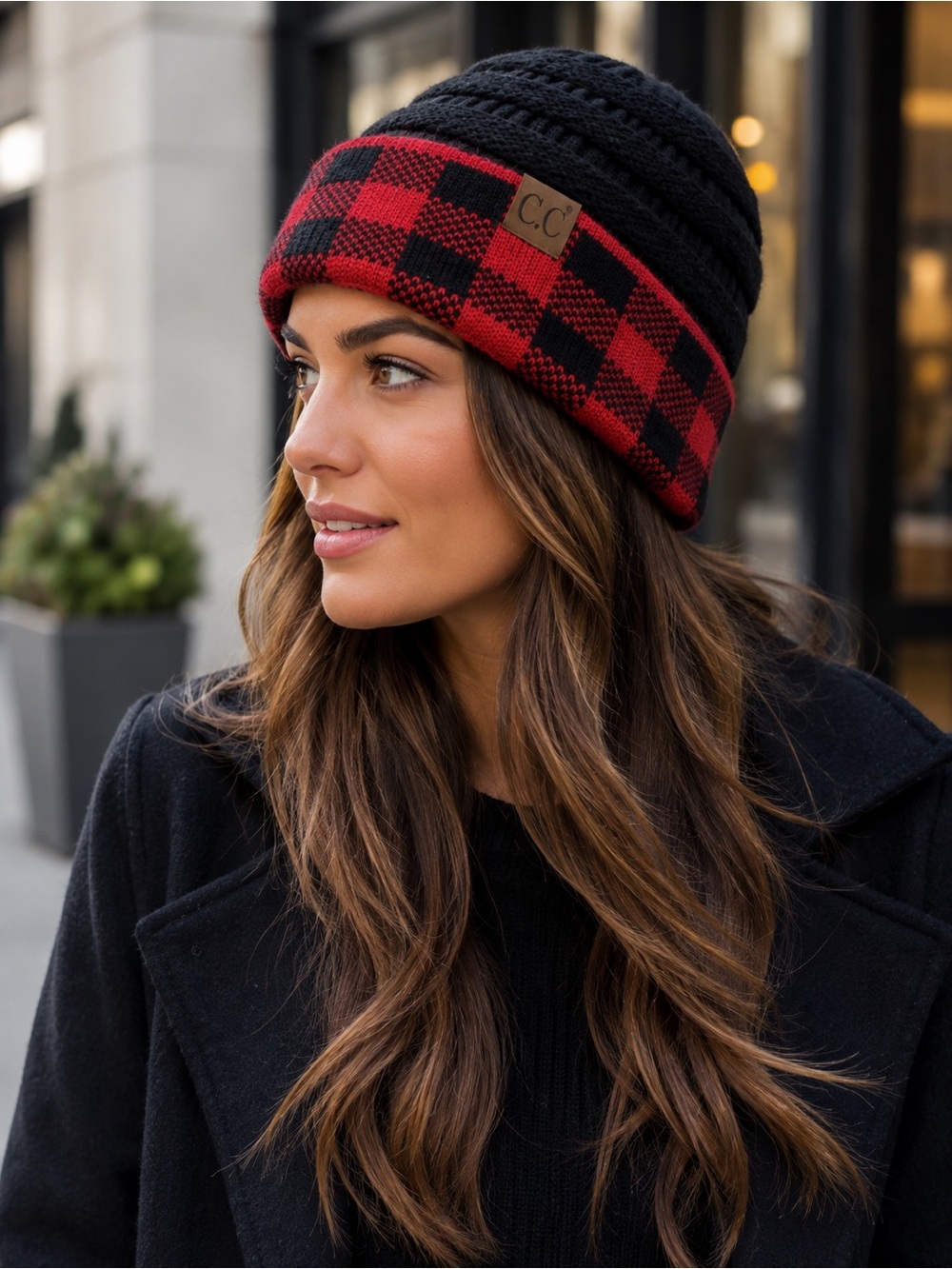C.C Black Beanie with Red and Black Buffalo Plaid Cuff Onesize NEW